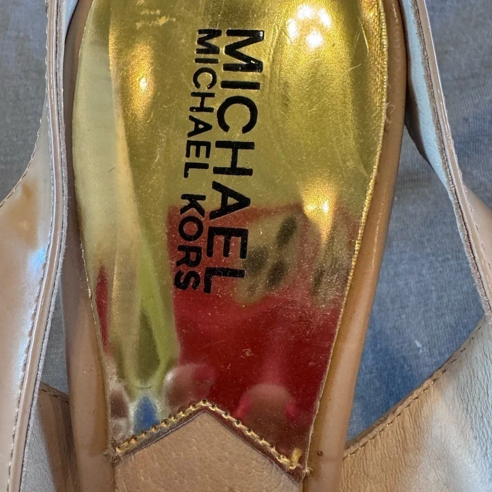 Michael Kors Nude Beige Leather Slingback Round Toe Kitten Heel Shoes Sz 7.5